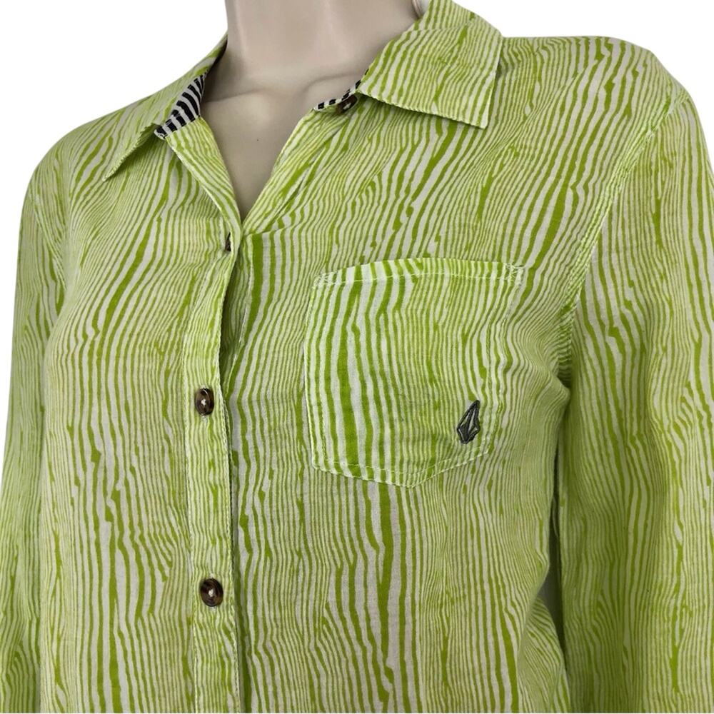 Vintage Y2k Volcom Lime Green Cream Long Sleeve Shirt Top Stitch Accents - Picture 7 of 16